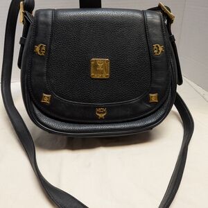 MCM Black Leather Saddle Crossbody Bag with Gold Hardware